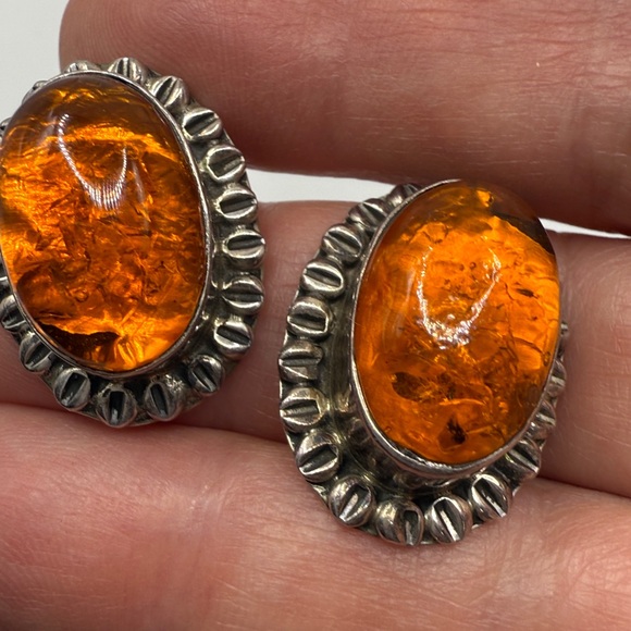 Sterling Silver Amber Oval Stud Earrings - Deep Orange - Picture 10 of 13